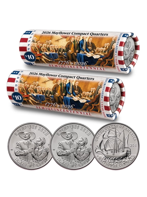 Collectible 2026 P & D Set • Mayflower Compact Quarter DECLARATION OF INDEPENDENCE Rolls • America's 250th Anniversary