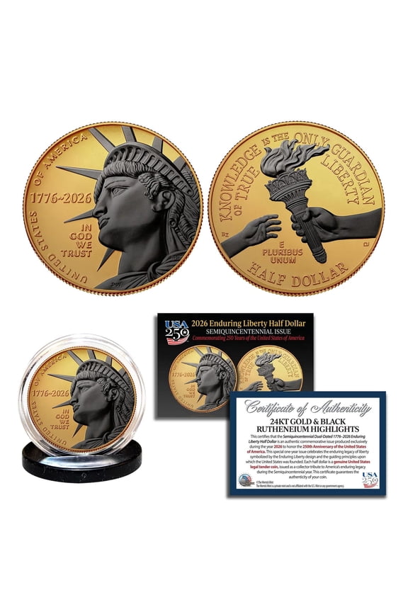 2026-P ENDURING LIBERTY Half Dollar Coin, 24K Gold with Black Ruthenium Highlights - America's 250th Semiquincentennial