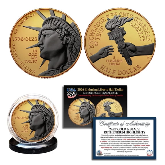 2026-P ENDURING LIBERTY Half Dollar Coin, 24K Gold with Black Ruthenium Highlights - America 250 Semiquincentennial