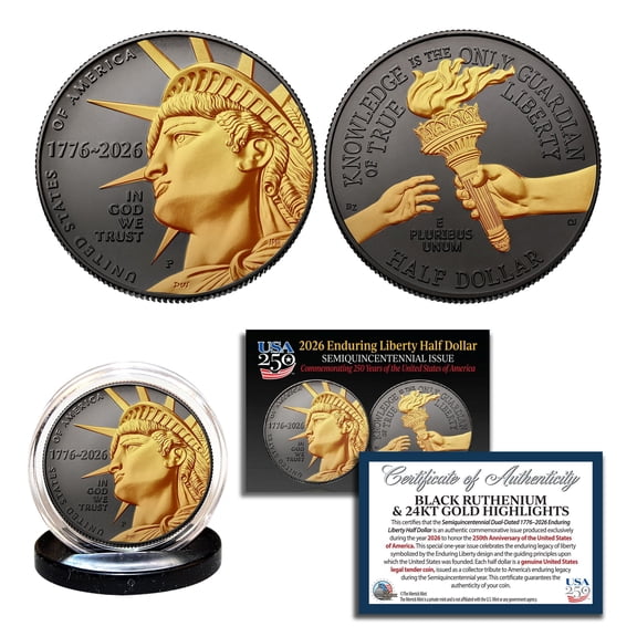 2026-P ENDURING LIBERTY Half Dollar Coin, Black Ruthenium with 24K Gold Highlights - America 250 Semiquincentennial