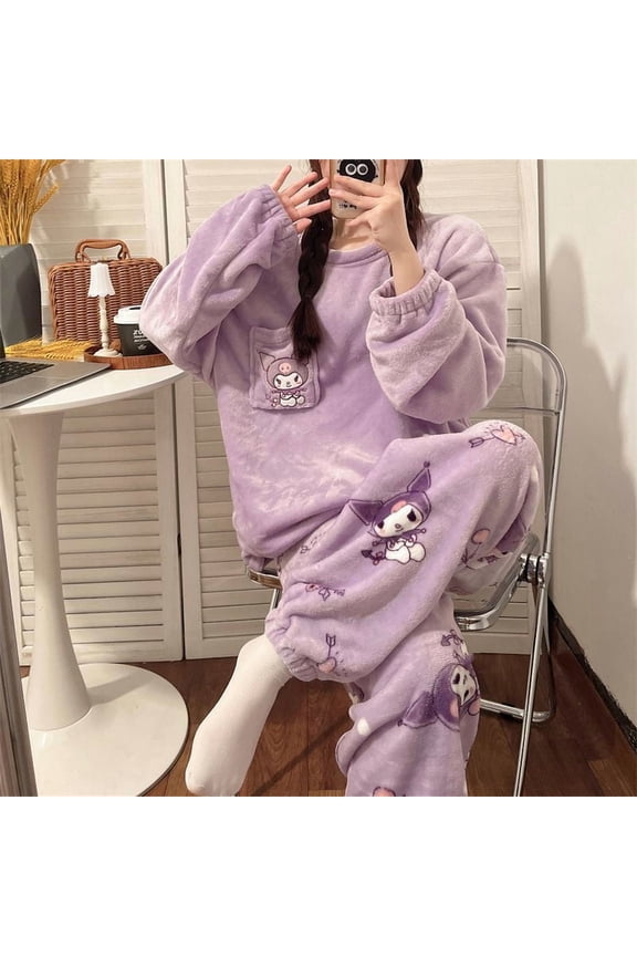 2026 Pajamas Kawaii Kuromi My Melody Cinnamoroll Flannel Pullover Coral Velvet Winter Warm Pajamas Homewear