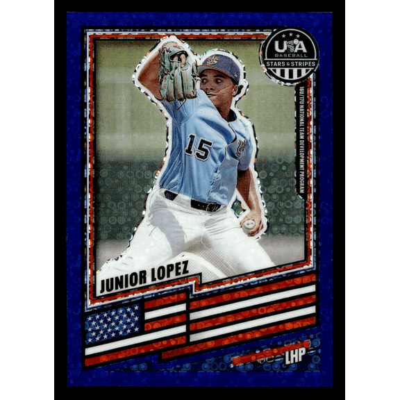 2026 Panini USA Baseball Stars & Stripes Prizm Trading Card Junior Lopez #150 Blue Disco Prizm /149