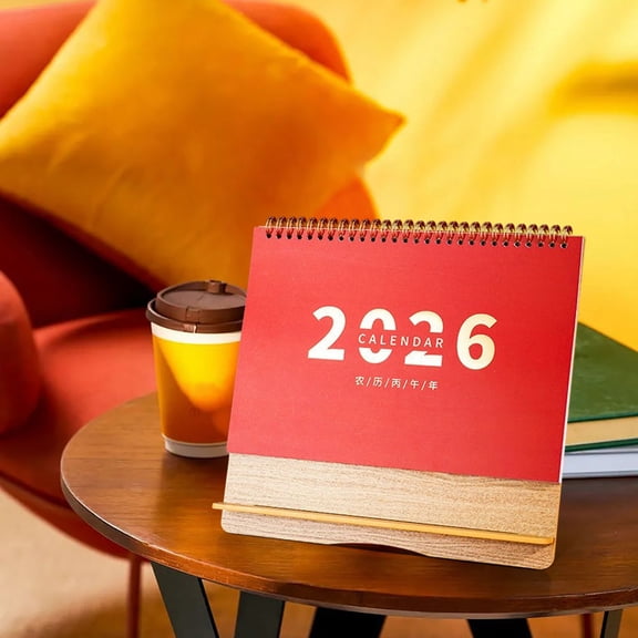 2026 Paper Desk Calendar Festive Red Mini Desktop Calendar, Thick Non-Bleed Paper, Triangular Stand, Double-Wire Bound, Holidays & 24 Solar Terms, 13 Pages