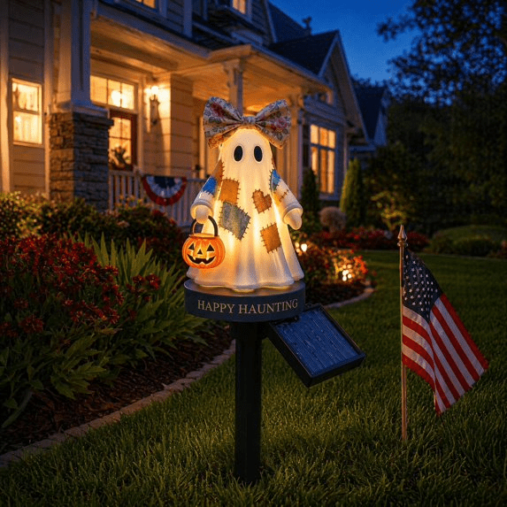 2026 Patchwork Ghost Solar Garden Stake Light - Halloween Decorations, Solar LED Ghost Stake for Yard, Pathway, Summerween Decor, Weather-Resistant Outdoor Halloween Decor & Holloween Gifts