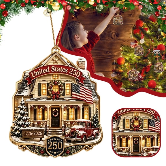 2026 Patriotic 250th‑Anniversary Christmas Tree Ornament, Metal Hanging Holiday Keepsake Decoration, Vintage Style Festive Pendant for Xmas Tree & Stocking Home Party Decor, Traditional‑Style House