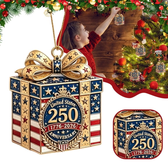 2026 Patriotic 250th‑Anniversary Christmas Tree Ornament, Metal Hanging Holiday Keepsake Decoration, Vintage Style Festive Pendant for Xmas Tree & Stocking Home Party Decor, Holiday Gift Box