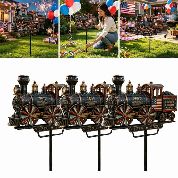 2026 Patriotic 250th Anniversary Metal Garden Stake 2D Liberty Express Train Wind Spinner, American Flag Yard Art, Outdoor Metal Sculpture Decor for Patio, Lawn & Garden (36 Inch) 3pcs