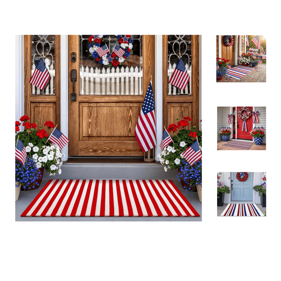 2026 Patriotic Outdoor Rug Waterproof Plastic Straw Patio Mat Reversible Red White and Blue Striped Area Rug for Camping RV Porch Deck Backyard 4th of July Independence Day Decorations