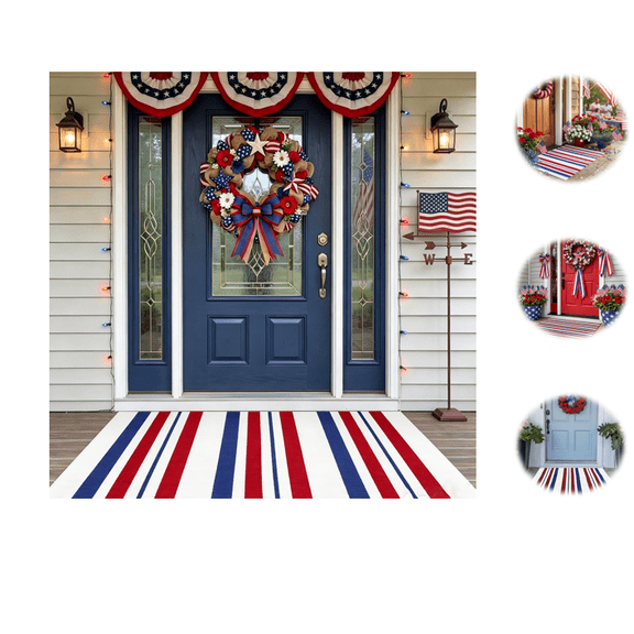 2026 Patriotic Outdoor Rug Waterproof Plastic Straw Patio Mat Reversible Red White and Blue Striped Area Rug for Camping RV Porch Deck Backyard 4th of July Independence Day Decorations