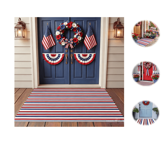 Blue/White/Red Striped Rug 4th of July Door Mat Summer Front Porch Rug Independence Day Welcome Doormats for Farmhouse Entrance Porch Outdoors Decor