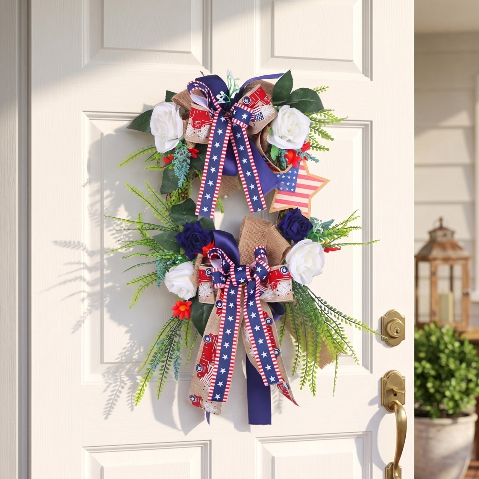 2026 Patriotic Wreath for Front Door, Simulation Flower Circle Door Hanging Wreath Double Bow Craft for Independence Day Courtyard Party Wall Decor