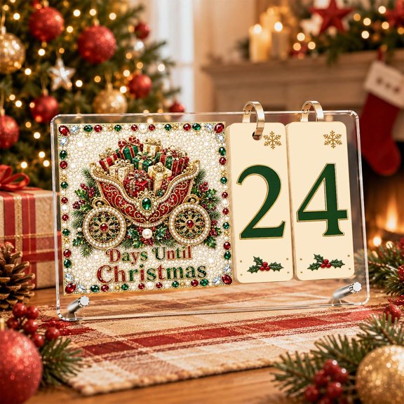 2026 Pearl Art Christmas Countdown Desk Calendar-03-Carriage | DIY Diamond Art Painting Christmas Calendar With 20 Flip Number Cards & PET Base Holiday Decor & Xmas Gift Idea