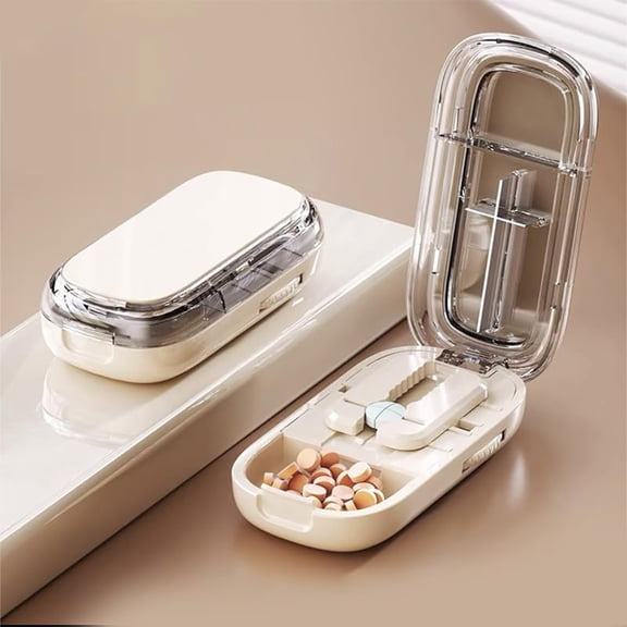 2026 Pill Cutter Splitter for Small and Tiny Pills, Accurate Multi-Pill Splitter Tablet Cutter Pill Organizer with Centering Guide & Double Safety Blades to Cut 1/2&1/4 (Beige)