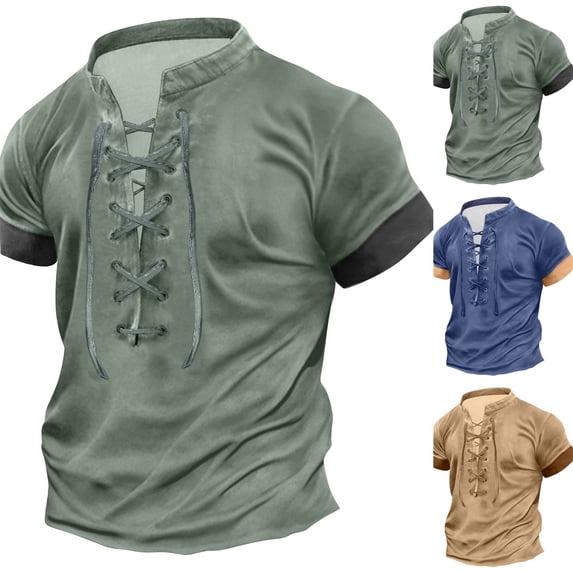 2026 Pirate Shirt for Men Short Sleeve Distressed Summer V Neck Tees Retro Style Medieval Lace Up Henley Shirt Army Green 5XL
