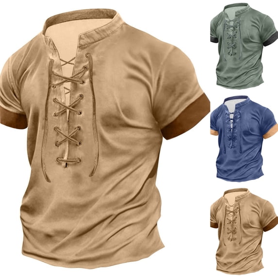 2026 Pirate Shirt for Men Short Sleeve Distressed Summer V Neck Tees Retro Style Medieval Lace Up Henley Shirt Khaki 2XL