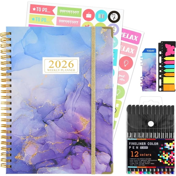 2026 Planner, Daily Weekly Monthly Planner with Tabs, 2026 monthly planner with Color Pen, Sticky Notes and Stickers, 6.2" x 8.5", Durable Wire Binding, Storage Pocket - Purple Marble