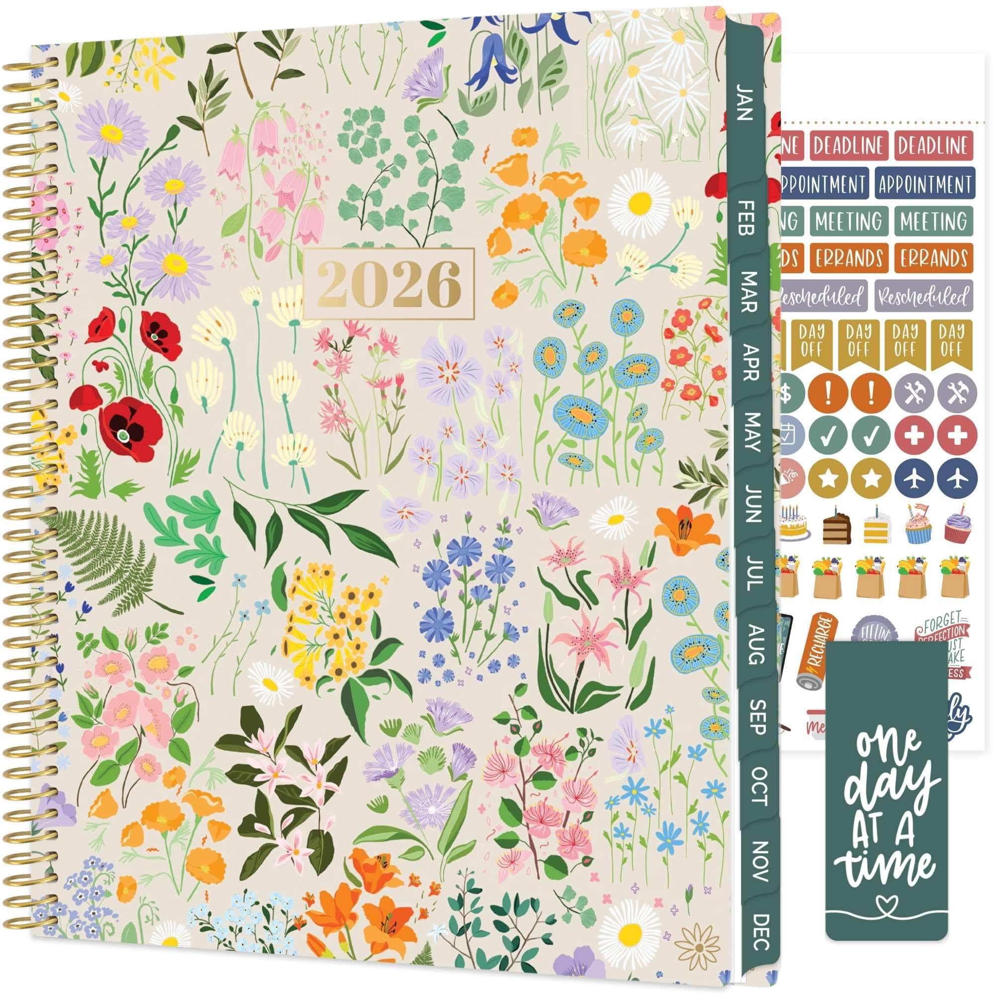 2026 Planner, January to December 2026 Weekly Monthly Organizer, 8.5 x 11 Dated Agenda Book with Stickers Tabs, Flexible Soft Cover, Spiral Binding, Productivity Tools, Garden Party Design, Beige
