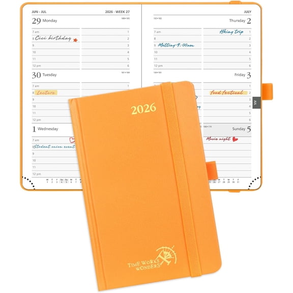 2026 Planner (Pocket Size 4''x 6.25'' Hardcover) - Small Calendar for Purse with Hourly Schedule & Vertical Weekly Layout, Monthly Calendars, 100 GSM - Orange