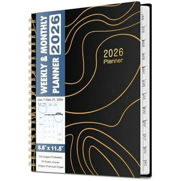 2026 Planner Weekly and Monthly 8.8"x11.5", Large Spiral Notebook with Jan.2026-Dec.2026 Calendar, Water Resistant Cover, Monthly Tabs, Daily Organizer for School Office Supplies-Black/A4/100GSM/140P