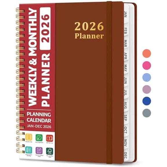 2026 Planner, Weekly and Monthly Calendar Planner, January 2026 - December 2026, Hardcover 2026 Calendar Planner Book with Tabs For Women & Men, Inner Pocket, Spiral Bound, Perfect for Office Home