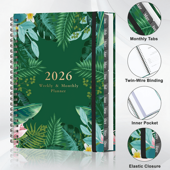 2026 Planner Weekly and Monthly from Jan 2026 - Dec 2026, 6" x 8" Large Academic Planner with Tabs, Spiral Hardcover Calendar Agenda Notebook for College & Office, Green