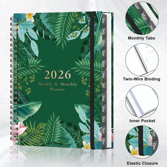 2026 Planner with Weekly & Monthly Layouts Jan 2026 - Dec 2026 6" x 8" Large Academic Planner with Tabs, Spiral Bound Hardcover Calendar Agenda Notebook for College & Office, Green