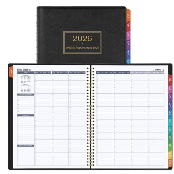 2026 Planner with 15-Minute Time Slots, Weekly Appointment Book, Monthly Calendar, 8.5" x 11", Soft Leather Cover, Colorful Index Tabs, Black
