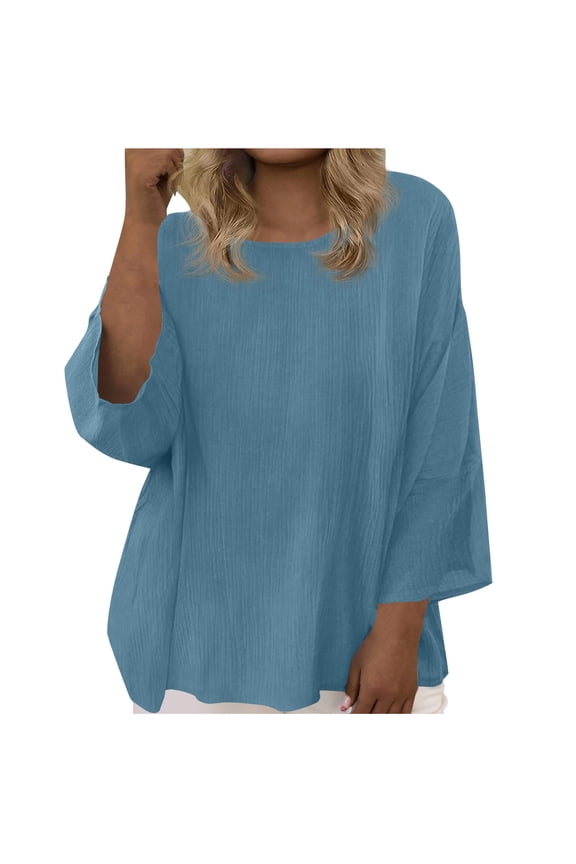 2026 Plus Size Cotton Linen Shirt for Women Casual Loose 3/4 Sleeve Crew Neck Flowy Tops Lightweight Beach Blouses