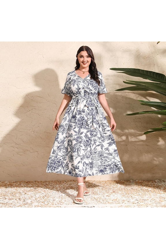 2026 Plus Size Loose V-Neck Printed Maxi Dress In Plain Drawing