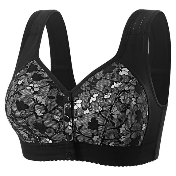 2026 Plus Size Posy Bra - Comfortable Front Button Wireless Shaping Bra, Lace Bras Without Underwire for Middle-Aged and Elderly Black 44