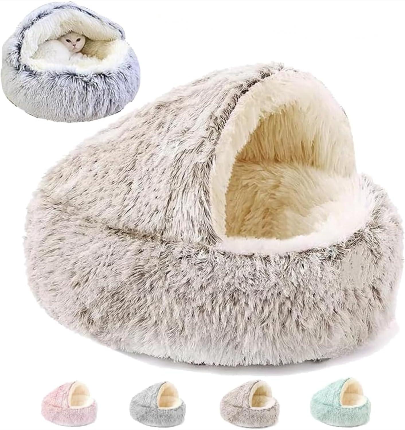 2026 Plush Hooded Cat Bed, Cozy Fluffy Indoor Cat Cave Nest, Warm Round