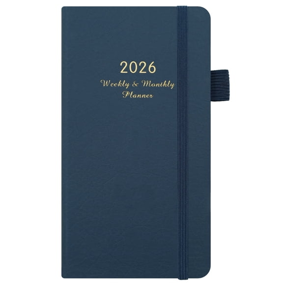 2026 Pocket Planner, Portable Weekly & Monthly Organizer, Leather Cover with Bookmark, Perfect Office Notebook, Ideal for Colleagues & New Year Gifts,Deep Blue