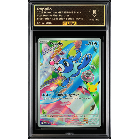Graded MBA 10 2026 Pokemon MEP EN-ME Black Star Promo Popplio #045 First Partner Illustration Trading Card