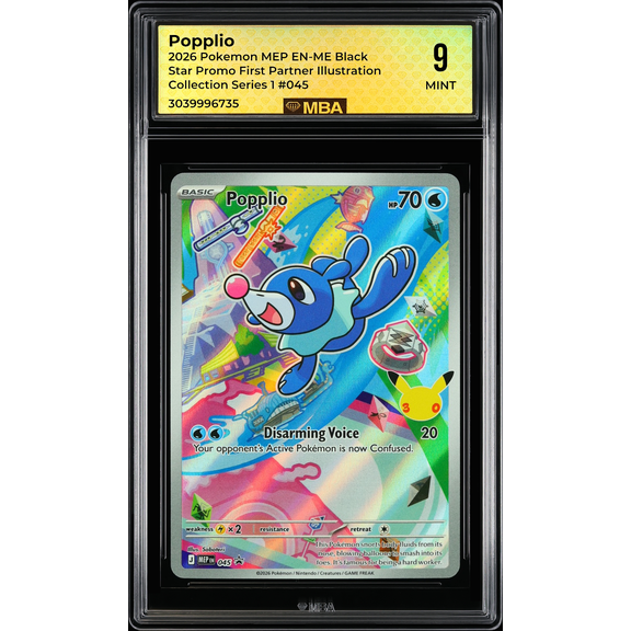 Graded 2026 Pokemon MEP EN-ME Black Star Promo First Partner Illustration Collection Series 1 Popplio #045 Auto MBA 9