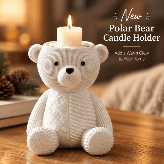 2026 Polar Bear Candle Holder, Knit Textured White Bear Figurine ...