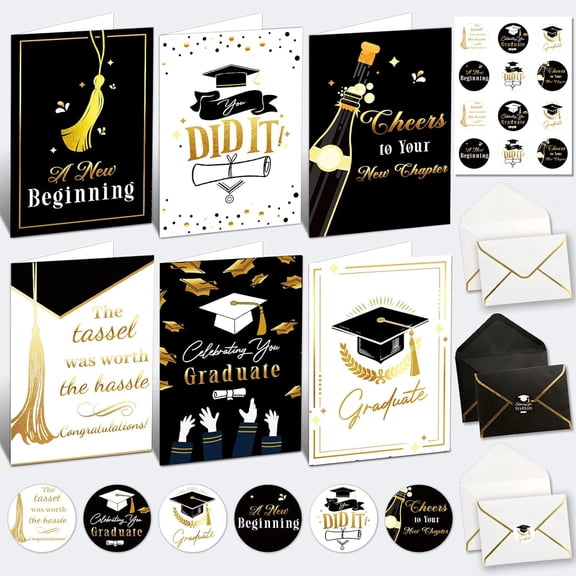 2026 Popular Trendy Goods Elegant Gold Foil Graduation Greeting Cards 12 Count, 5"x 7" -Written Inner Message Cards with Envelopes & Stickers, Multipurpose Congrats Stationery for Grad Gift Giving