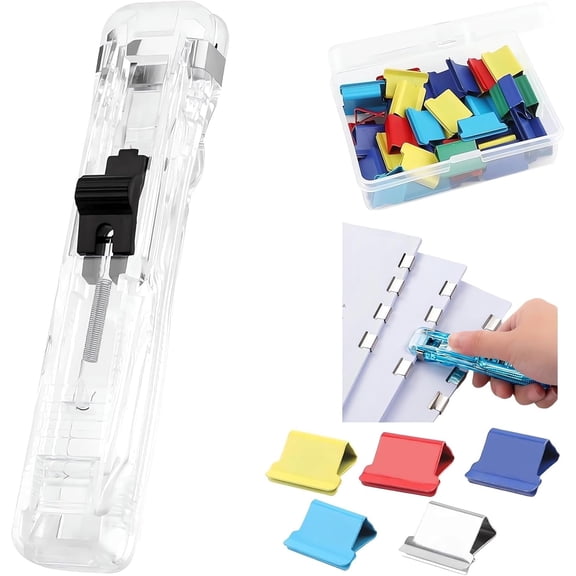 2026 Portable Binder Clip Stapler - Includes 50 Reusable Clips Desktop Push Stapler Binder Clips Paper Clamps Small Binding Office Supplies Handheld Stapler Staples Set Desk Paperclip Dispenser