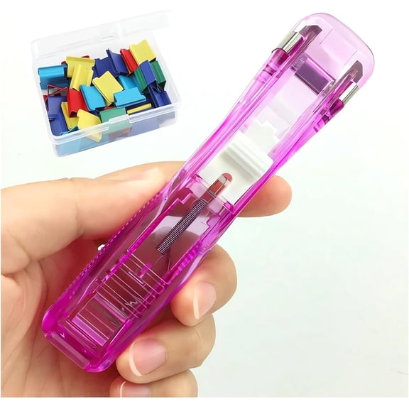 2026 Portable Binder Clip Stapler - Includes 50 Reusable Clips Desktop Push Stapler Binder Clips Paper Clamps Small Binding Office Supplies Handheld Stapler Staples Set Desk Paperclip Dispenser