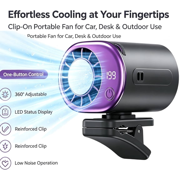 2026 Portable Clip-on Car Air Cooler Fan, USB Rechargeable Mini Cooling Fan with 360 Rotation, 199 Speed LED Display Personal Cooler for Office Beach Camping Outdoor (Black)