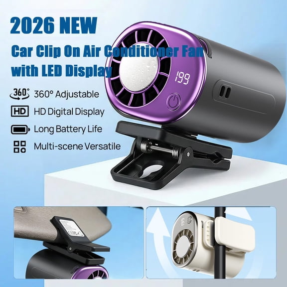 2026 Portable Clip-on Car Air Cooler Fan, USB Rechargeable Mini Cooling Fan with 360 Rotation, 199 Speed LED Display Personal Cooler for Office Beach Camping Outdoor (Black)
