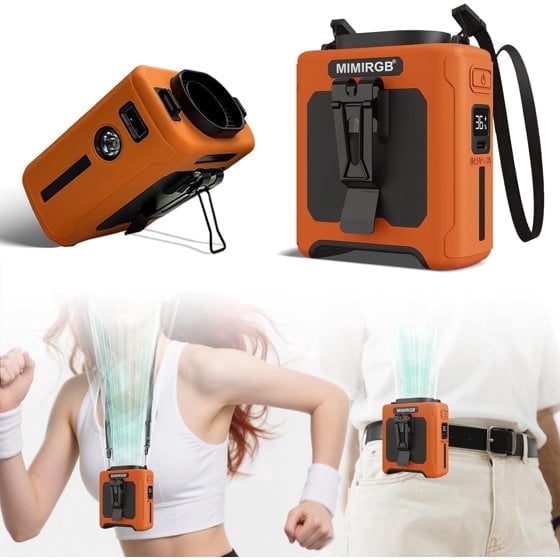 2026 Portable Rechargeable Waist Fan, 5-Speed 6000RPM Strong Airflow with Flashlight, Hands-Free Wearable Belt & Neck Fan, Up to 20H Runtime for Camping, Outdoor Work, Jobsite, Hiking Travel - Orange