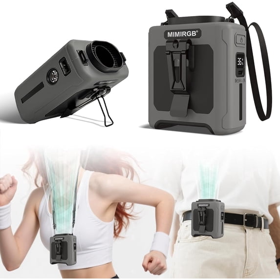 2026 Portable Rechargeable Waist Fan, 5-Speed 6000RPM Strong Airflow with Flashlight, Hands-Free Wearable Belt & Neck Fan, Up to 20H Runtime for Camping, Outdoor Work, Jobsite, Hiking Travel - Gray