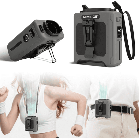2026 Portable Waist Fan Rechargeable, 6000RPM 5-Speed Strong Airflow, Hands-Free Wearable Belt & Neck Fan with Flashlight, Up to 20H Runtime for Camping, Outdoor Work, Hiking – Gray