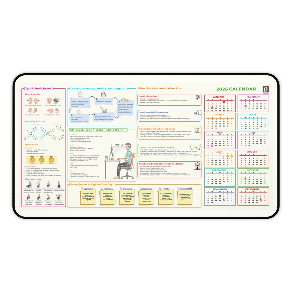 2026 Productivity Desk Mat with Calendar – Large Neoprene Mouse Pad & Desk Protector with Ergonomic Guide, Desk Exercises and Focus Prompts - 12x22 in