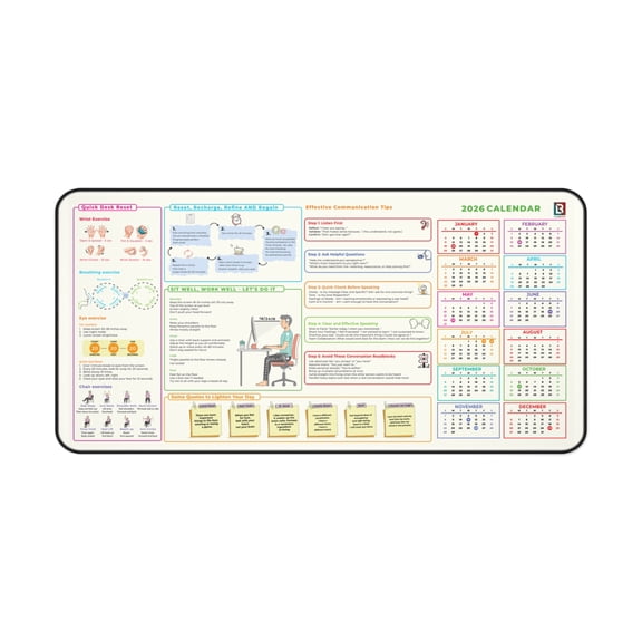 2026 Productivity Desk Mat with Calendar – Large Neoprene Mouse Pad & Desk Protector with Ergonomic Guide, Desk Exercises and Focus Prompts - 16x32 in