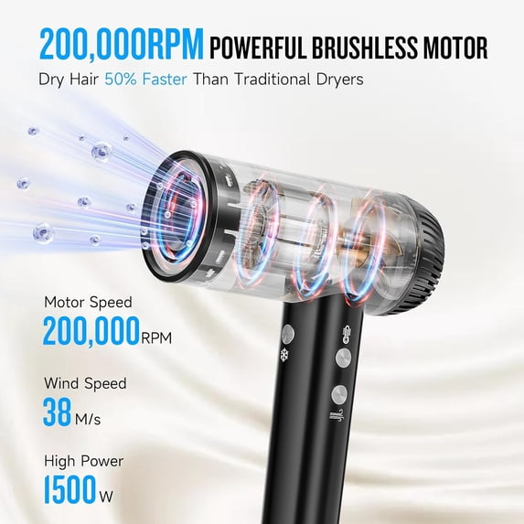 2026 Professional High Speed Hair Dryer 200,000 RPM Negative Ionic Blow Dryer with Diffuser for Women Men Home Travel Salon Low Noise Black
