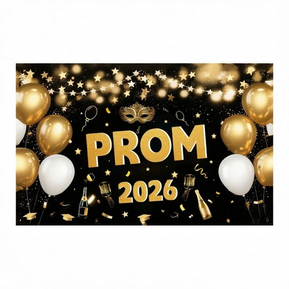 2026 Prom Graduation Party Backdrop Glitter Balloon Mask Polyester Banner For Indoor Outdoor(Black-180X110Cm)