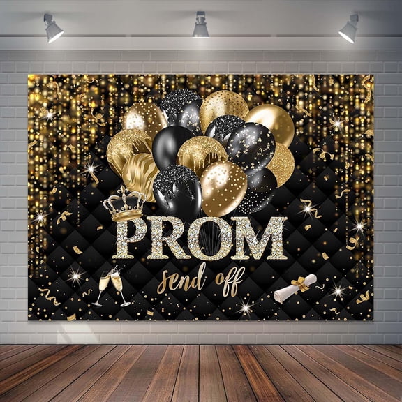 2026 Prom Send Off Backdrop Black and Gold Crown Graduation Photography Background Class of 2026 Grad Prom Night Party Decorations Banner Supplies Photo Booth Props