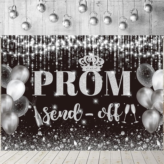 2026 Prom Send Off Backdrop Black Silver Glitter Ballons Congrats Grad Background Class of 2026 Graduation Party Decorations Banner Supplies Photo Booth Props