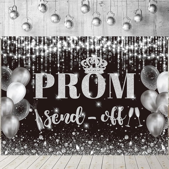 2026 Prom Send Off Backdrop Black Silver Glitter Ballons Congrats Grad Background Class of 2026 Graduation Party Decorations Banner Supplies Photo Booth Props